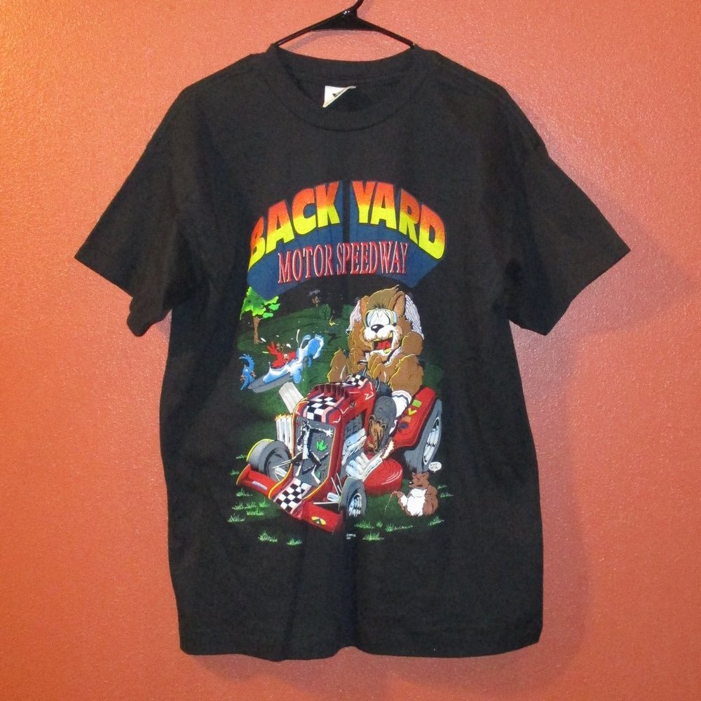 Back Yard Motor Speedway Shirt 1993 Men Large Black Red Green Funny Animal Shirt
